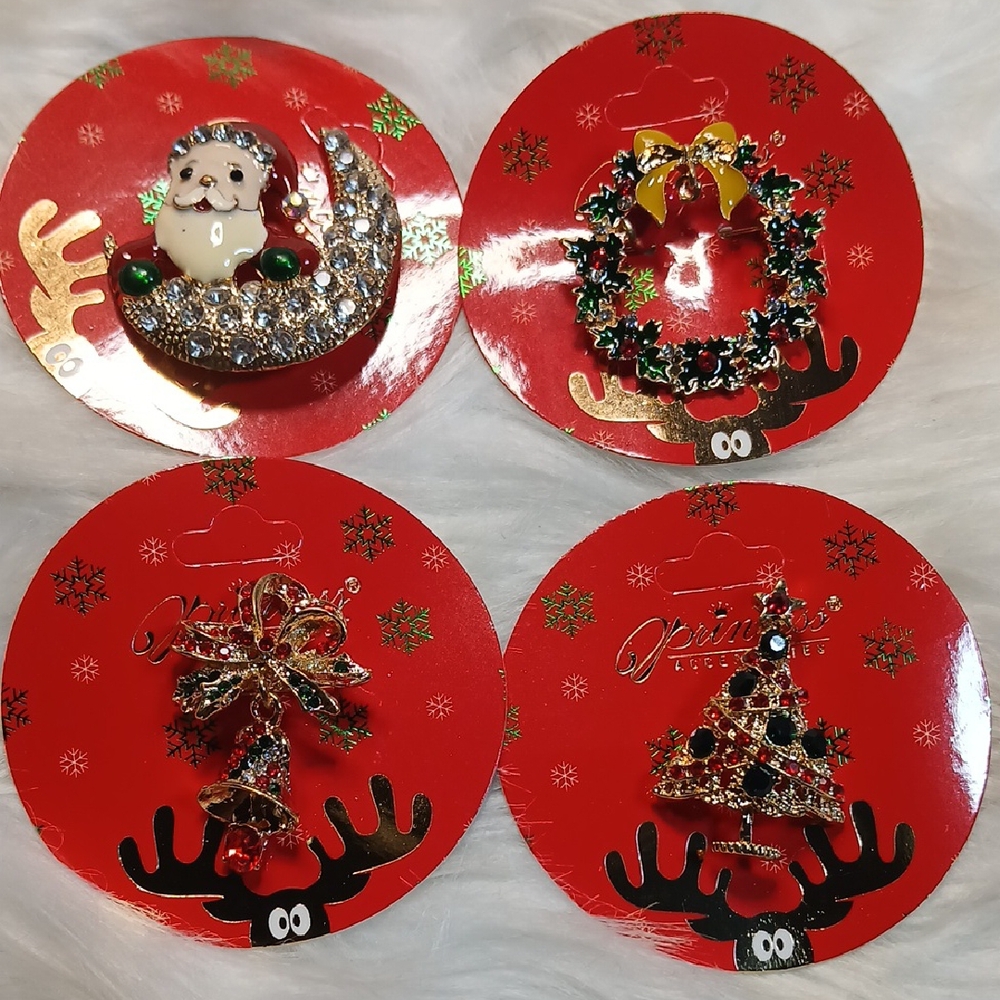 Christmas Brooch Set with Santa, Wreath, Bow, and Tree